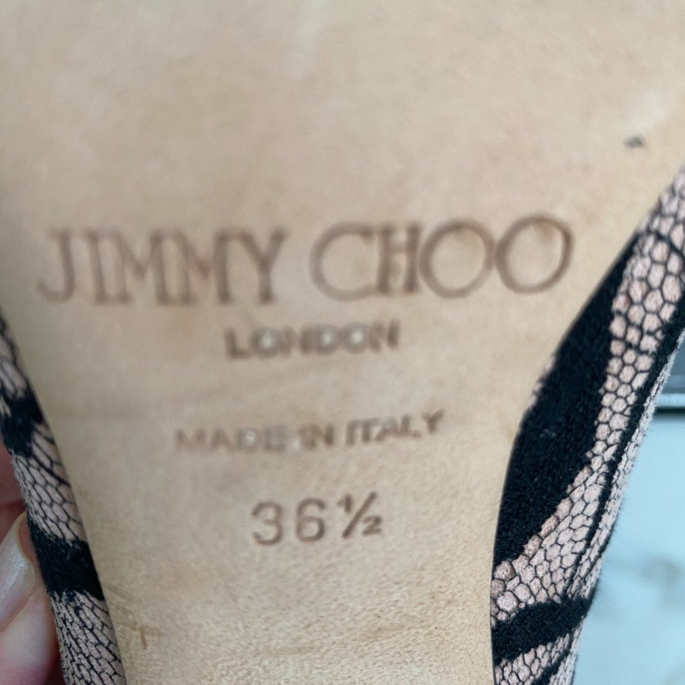 Jimmy Choo Agnes Light Pink Suede & Black Lace Covered Heels Size 36.5 - Picture 7 of 7